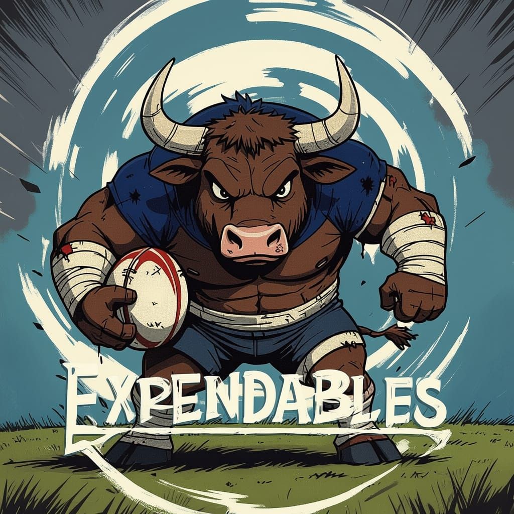 Injured Cartoon Bull Plays Rugby in Gritty Style