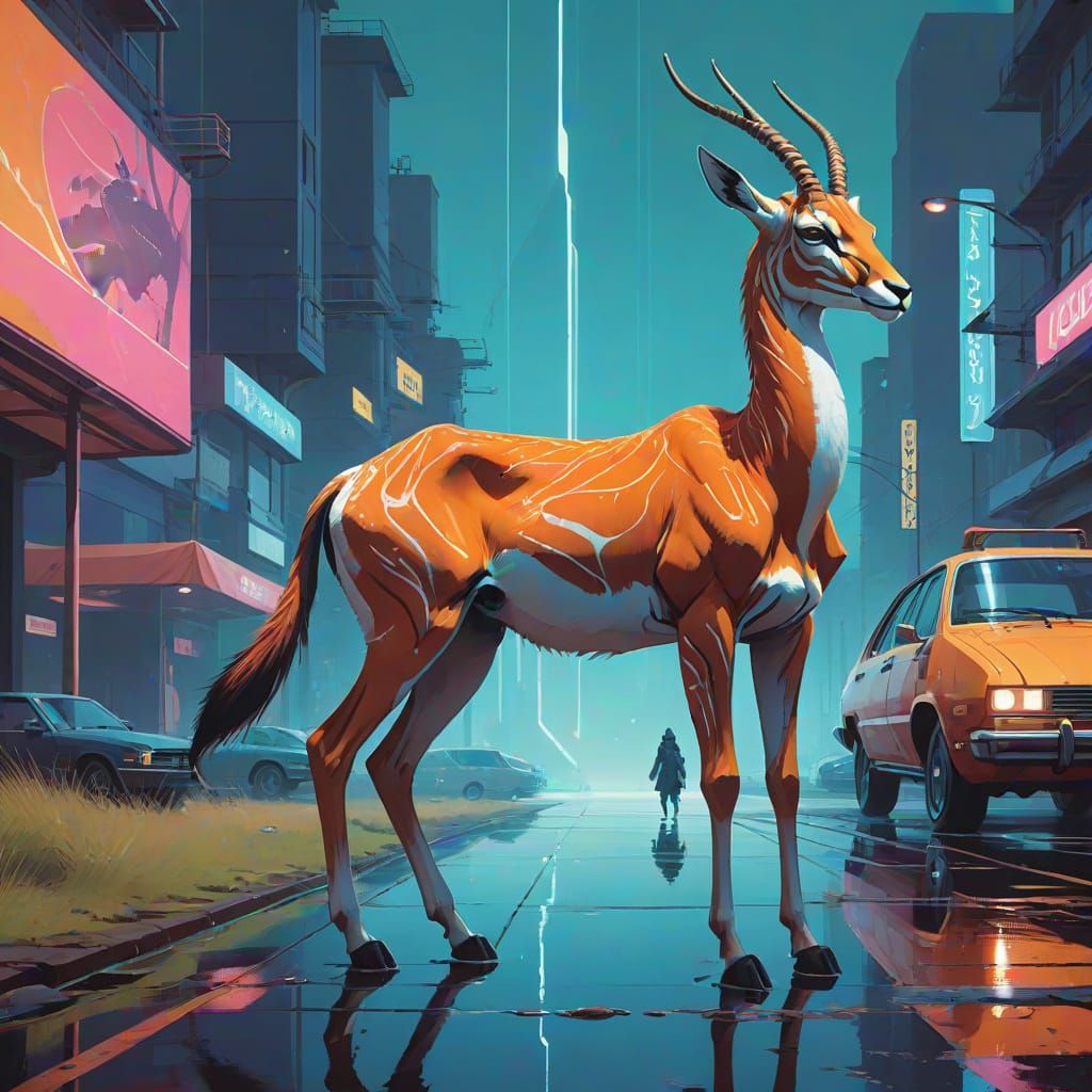 Elegant Gazelle-Human Hybrid in Dramatic, Vibrant Setting