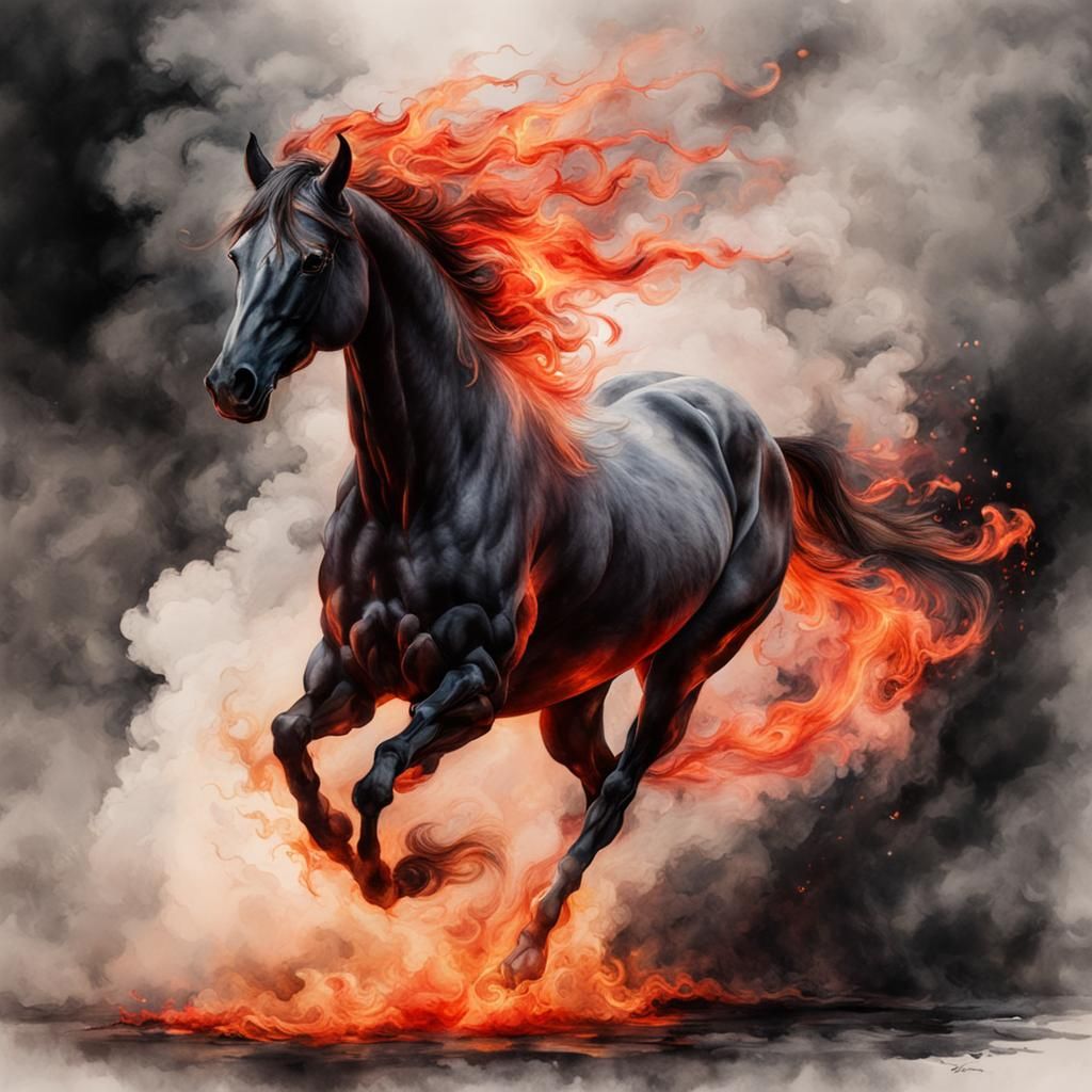 Fiery Stallion in Watercolor with Gold Accents