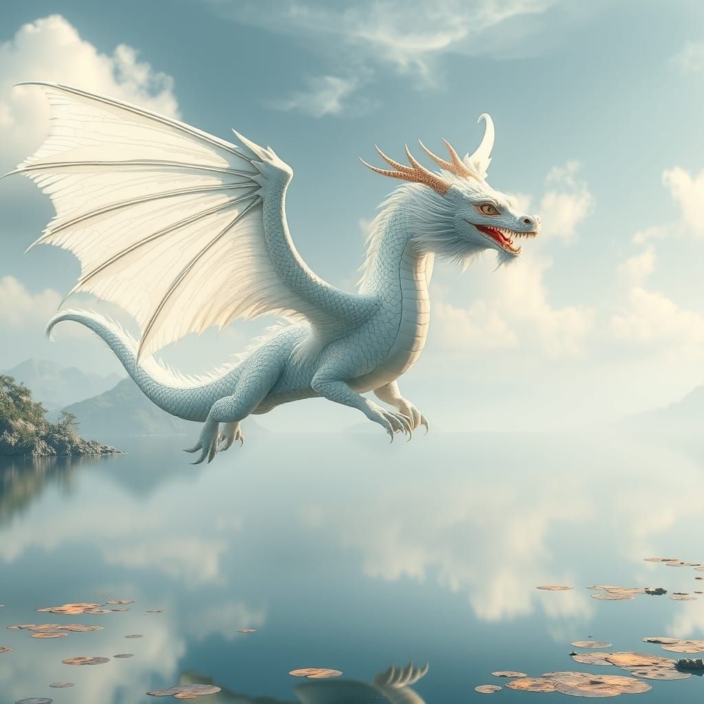 Chinese Dragon Soaring Above Lake in Ancient China