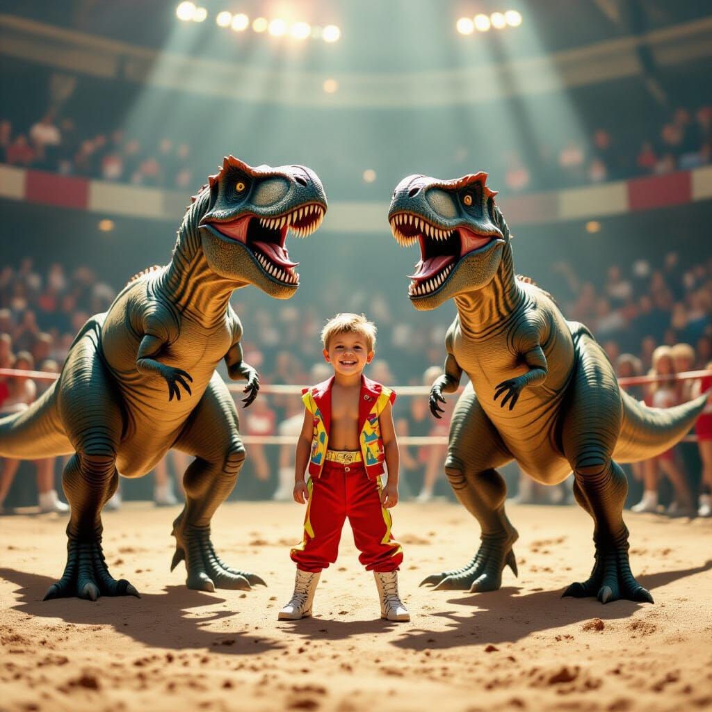 Boy Between T-Rex on Vintage Wrestling Poster
