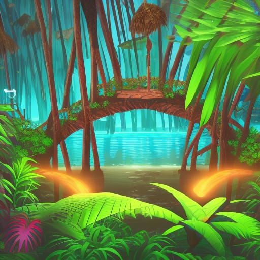 Fantasy Swamp Game Level with Tiki Elements