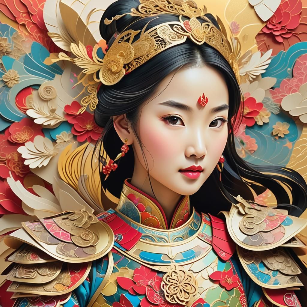 Princess Mulan Paper Collage with Zentangle Armor