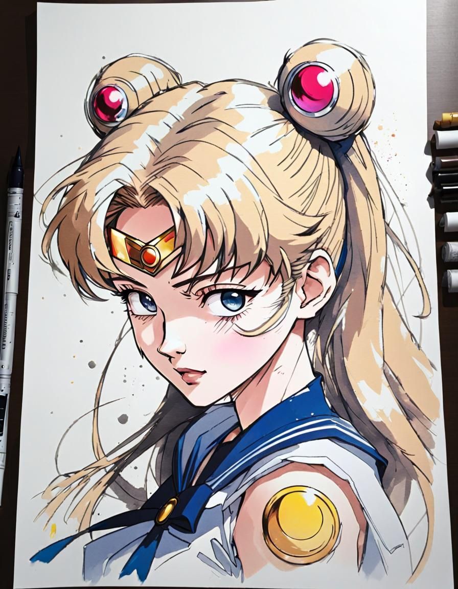 Sailor Moon Anime Portrait in Line Art Style