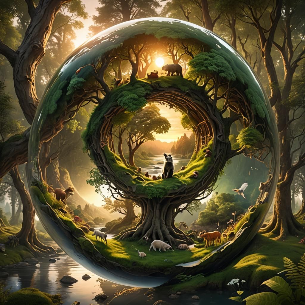 Forest Ecosystem Inside Glass Sphere: Matte Painting