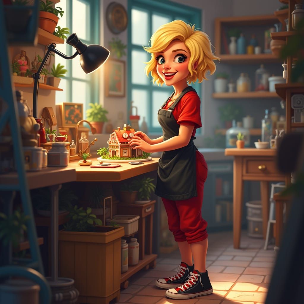 Woman Crafts Miniature Building in Vibrant Digital Art