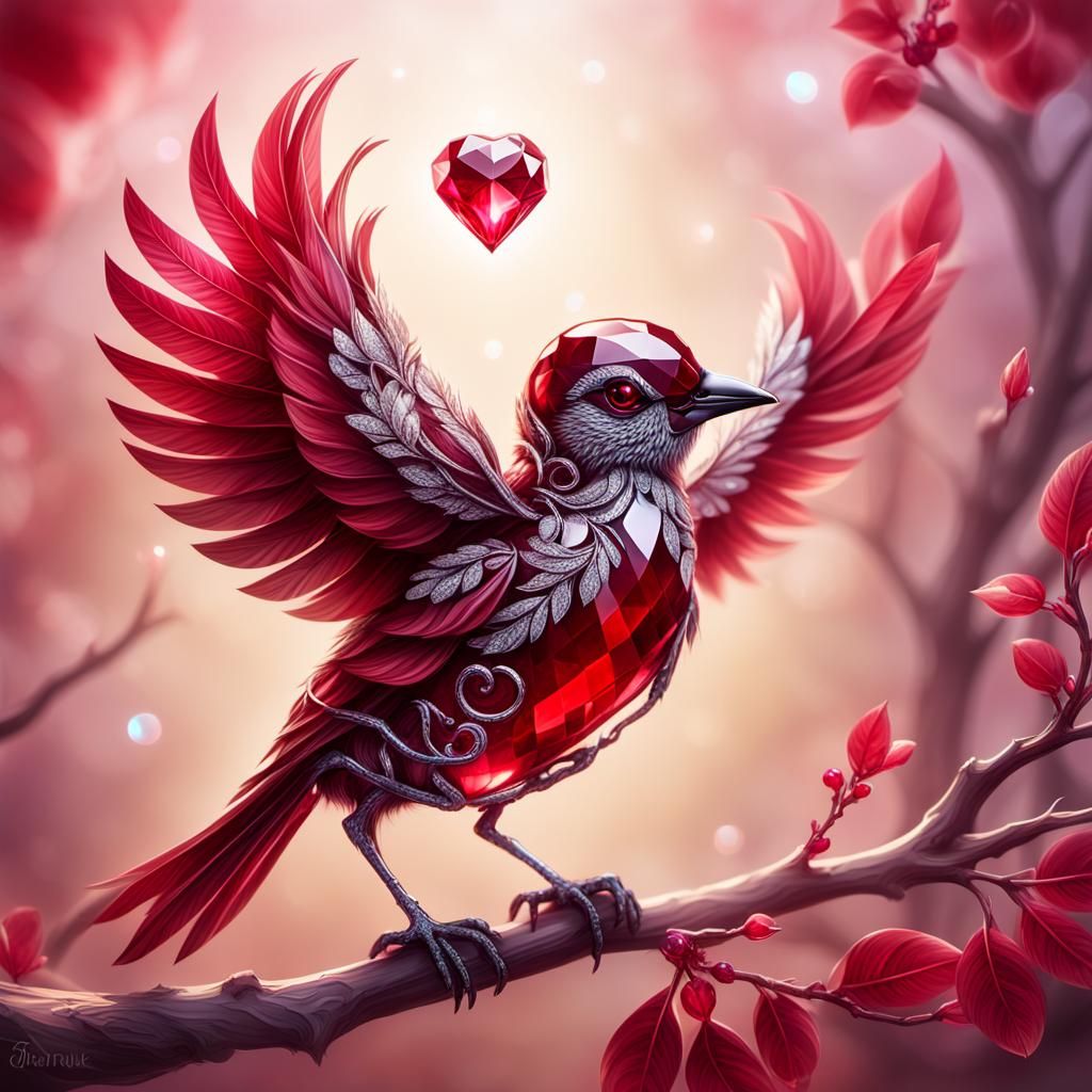 Diamond Bird with Ruby Heart Fantasy Illustration