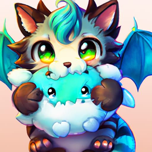 Cute Chibi Dragon with Plushie, Digital Illustration