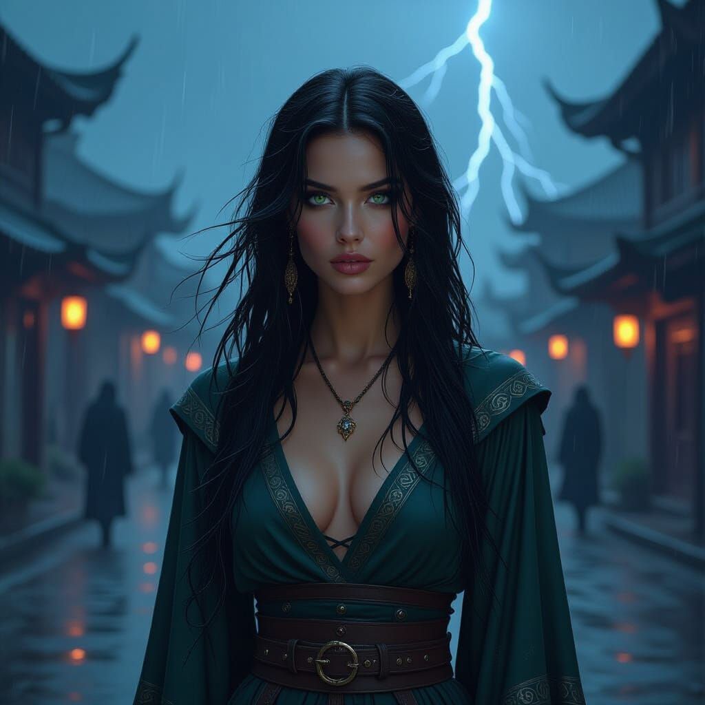 Supermodel in Stormy War Camp, Concept Art Style