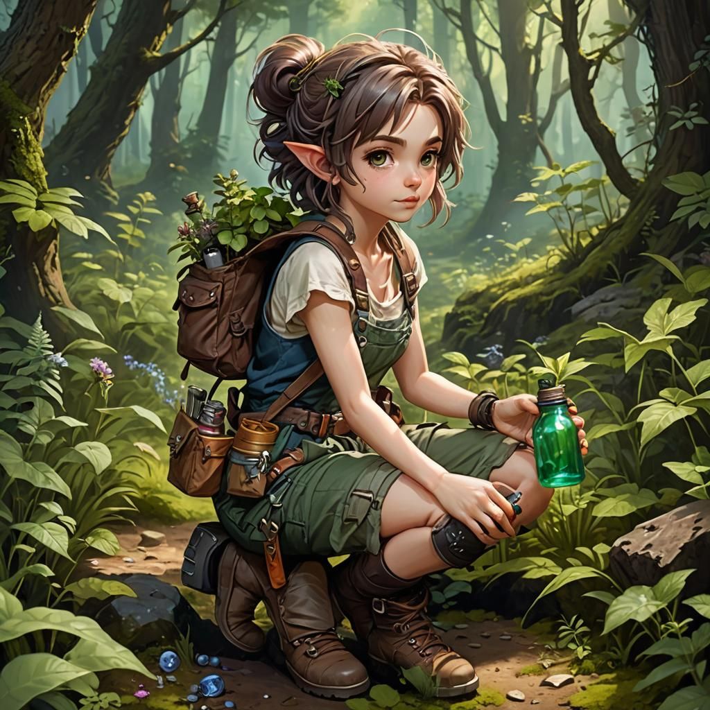 Halfling Apothecary Gathering Herbs in Mystical Forest
