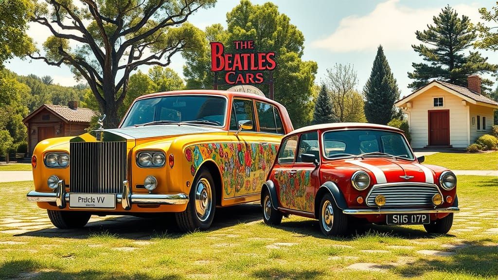 Psychedelic Rolls Royce and Mini Cooper in 1960s Style