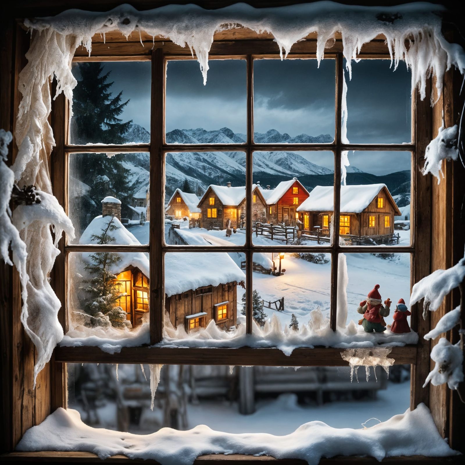 Winter Village View Through Rustic Window
