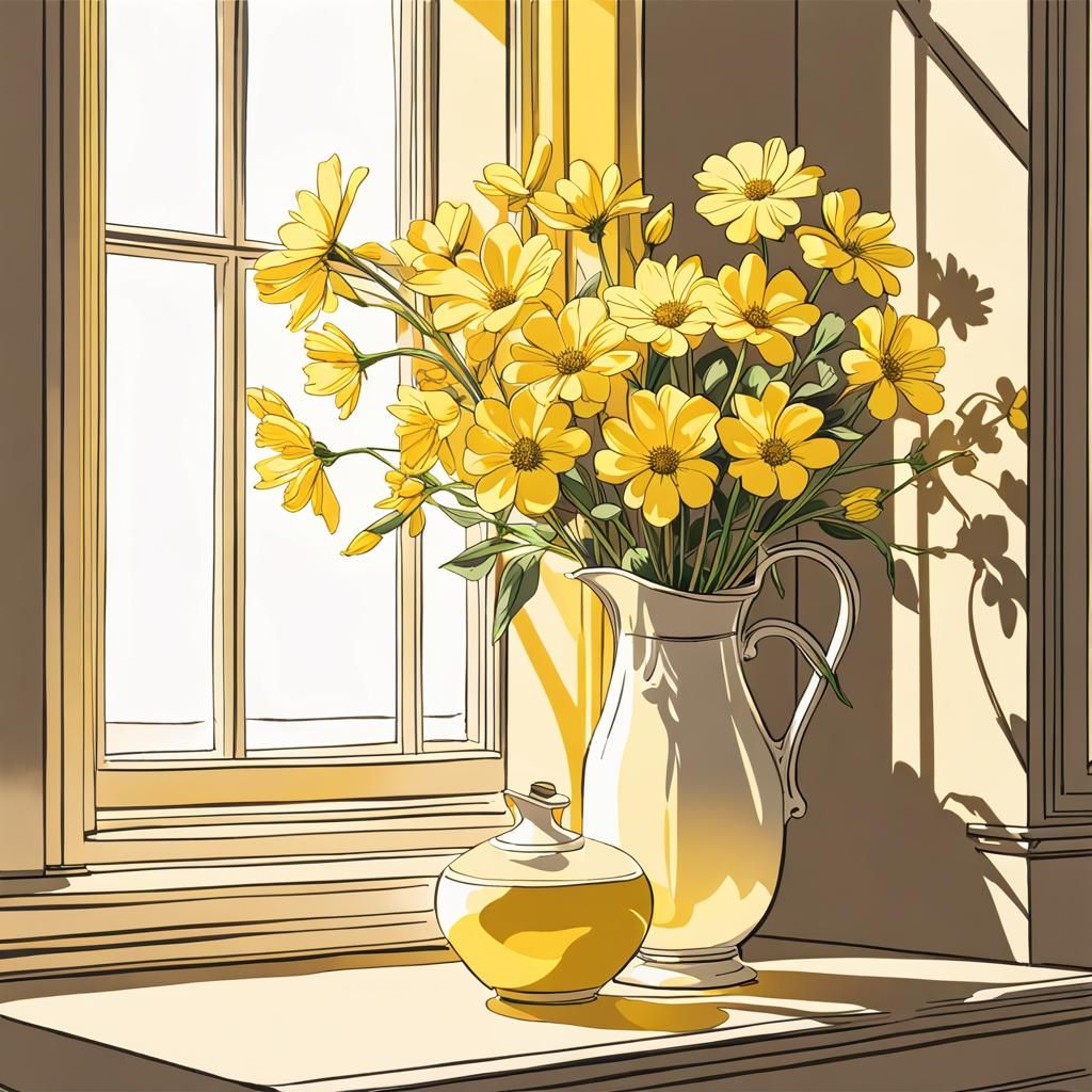 Yellow Line Drawing of Flowers in Sunshine