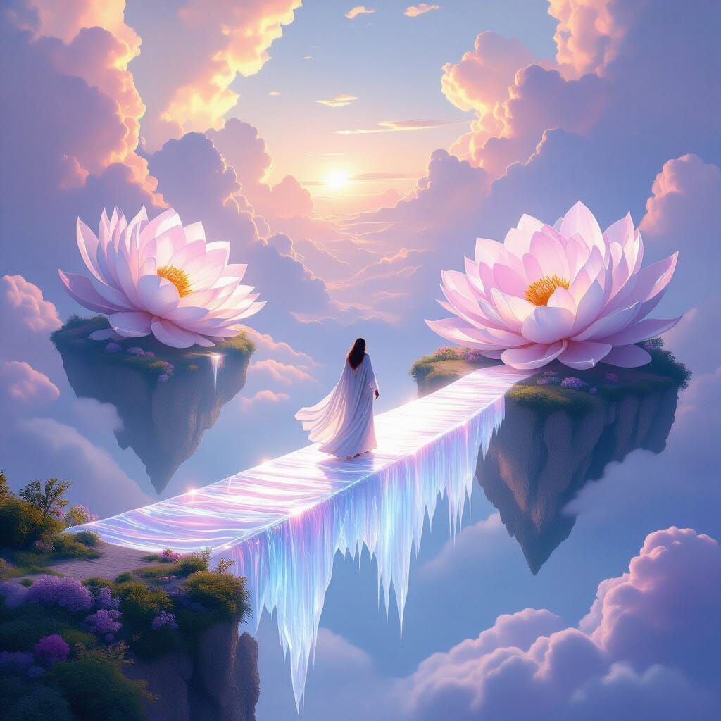 Ethereal Figure on Floating Island Bridge