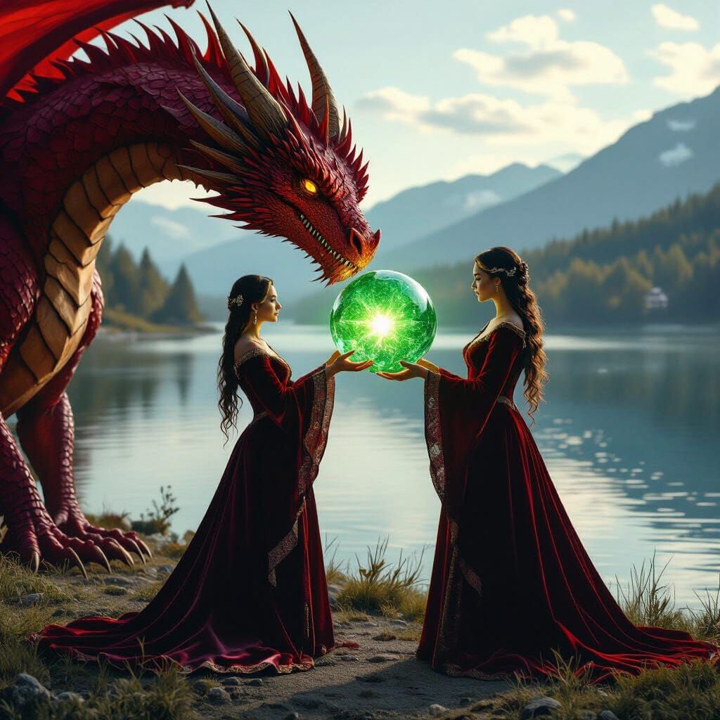 Medieval Woman Gives Crystal to Red Dragon by Lake
