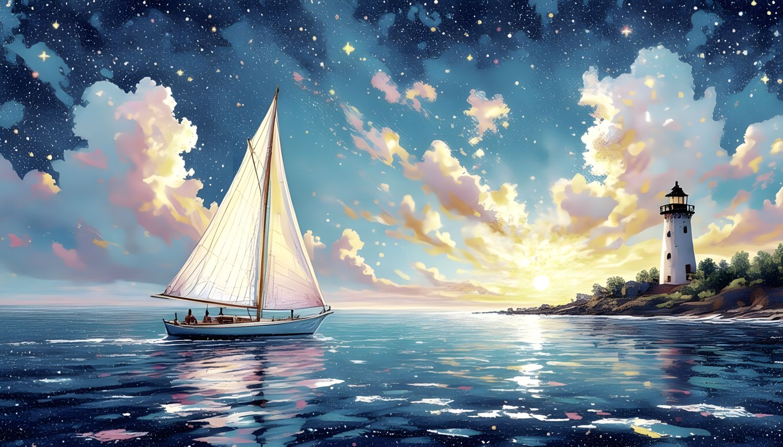 Pointillist Seascape with Sailboat and Lighthouse