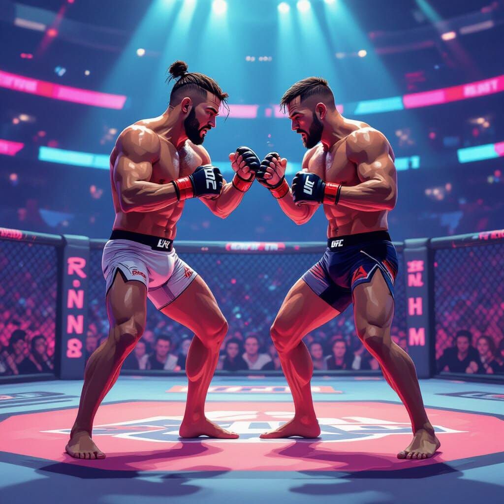 UFC Fighters in a Neon Arena, Futuristic Illustration