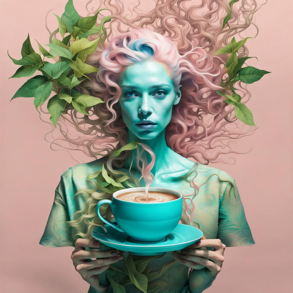 Androgynous Witch with Coffee Plants in Abstract Expressioni...