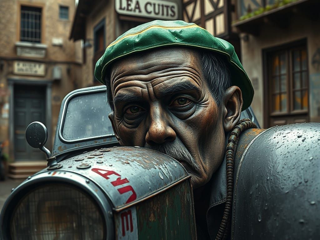 Epic Oil Ink Portrait of Vintage Car in Art Deco Village