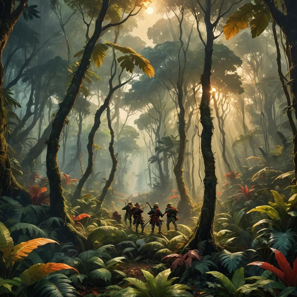 Colonial Armies Clash in Vibrant Jungle Painting