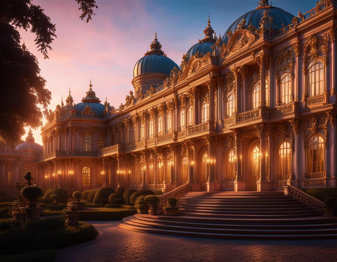 Maximalist Rococo Palace at Magic Hour