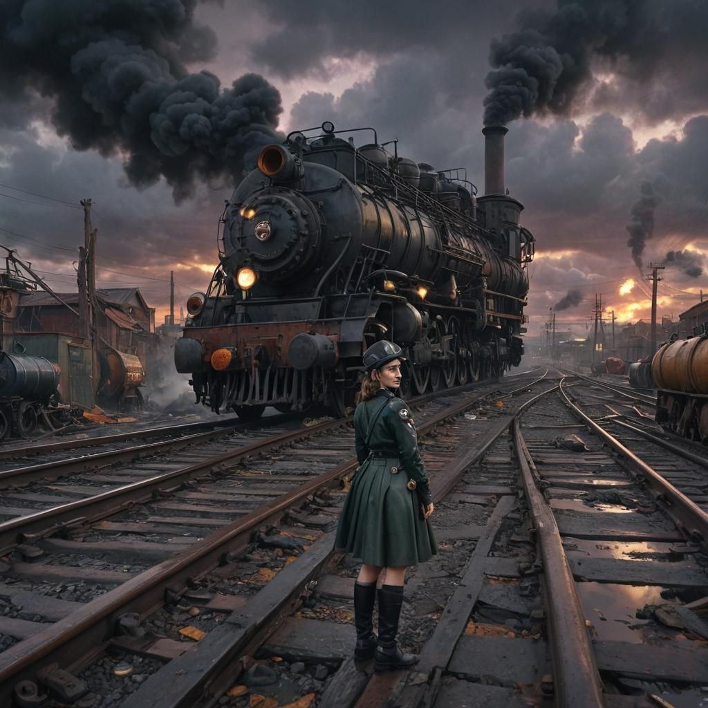 Dieselpunk Girl Officer at Railway Tank Car