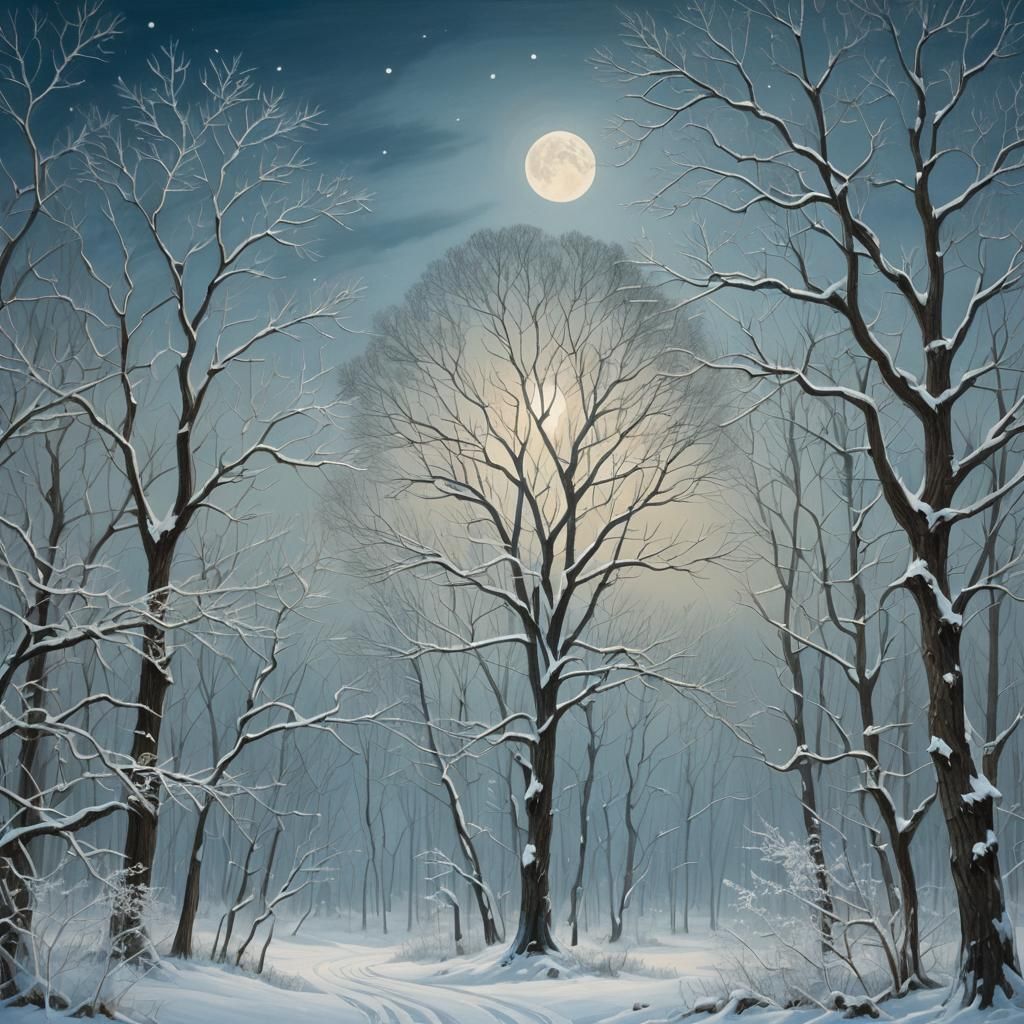 Moonlit Winter Forest in a Surreal Style