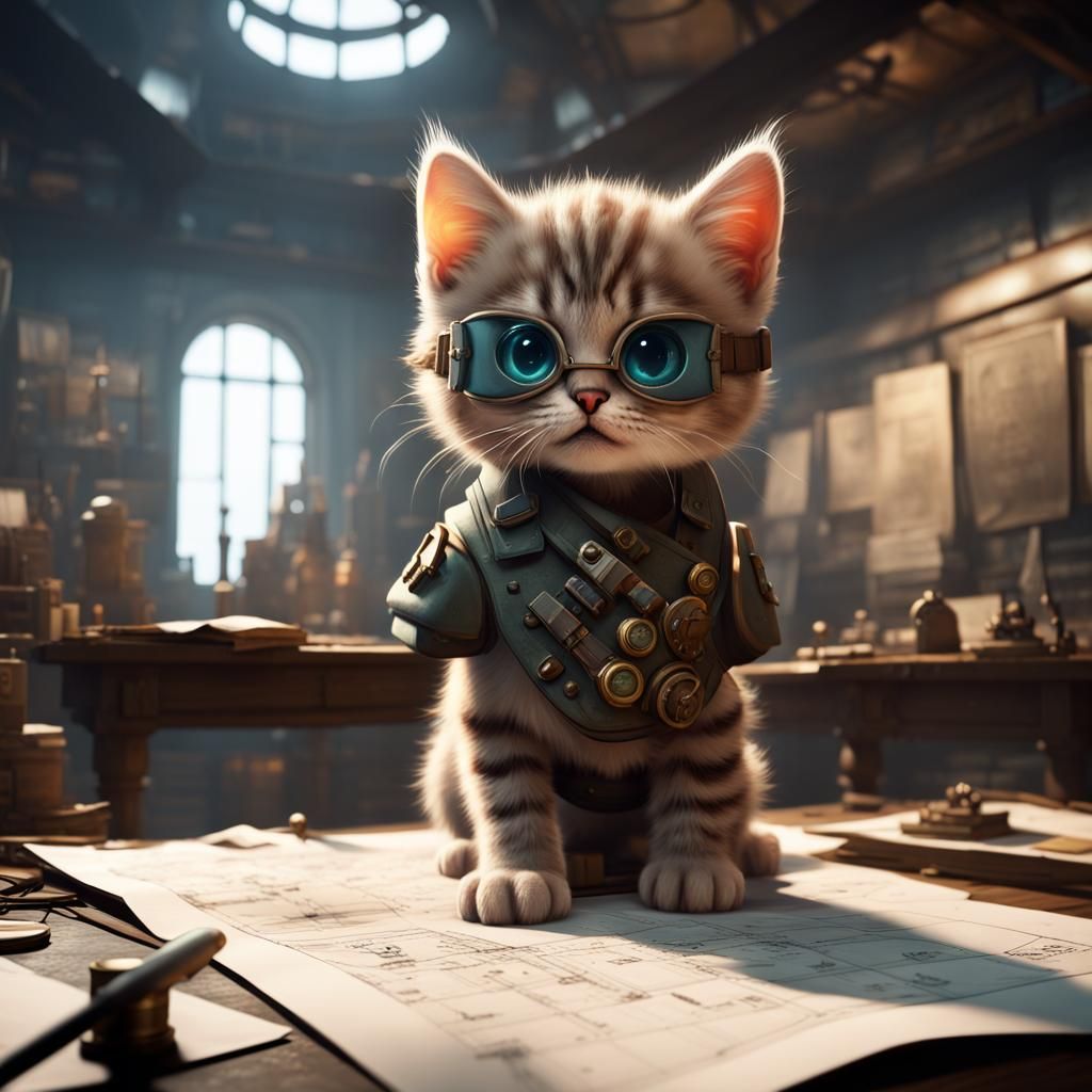 Adorable Kitten Strategist in War Room, Digital Art