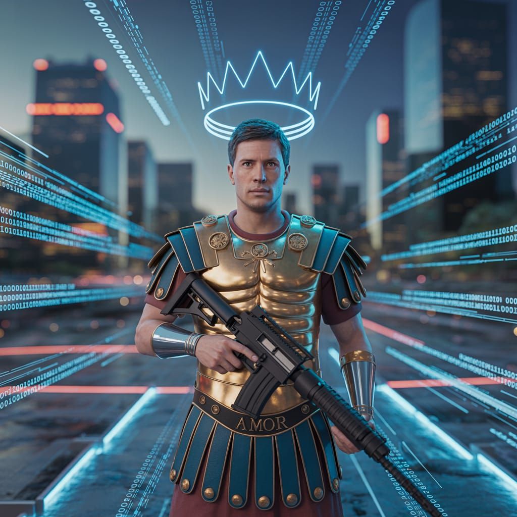 Roman Warrior in Digital Storm: Cinematic Cyberpunk