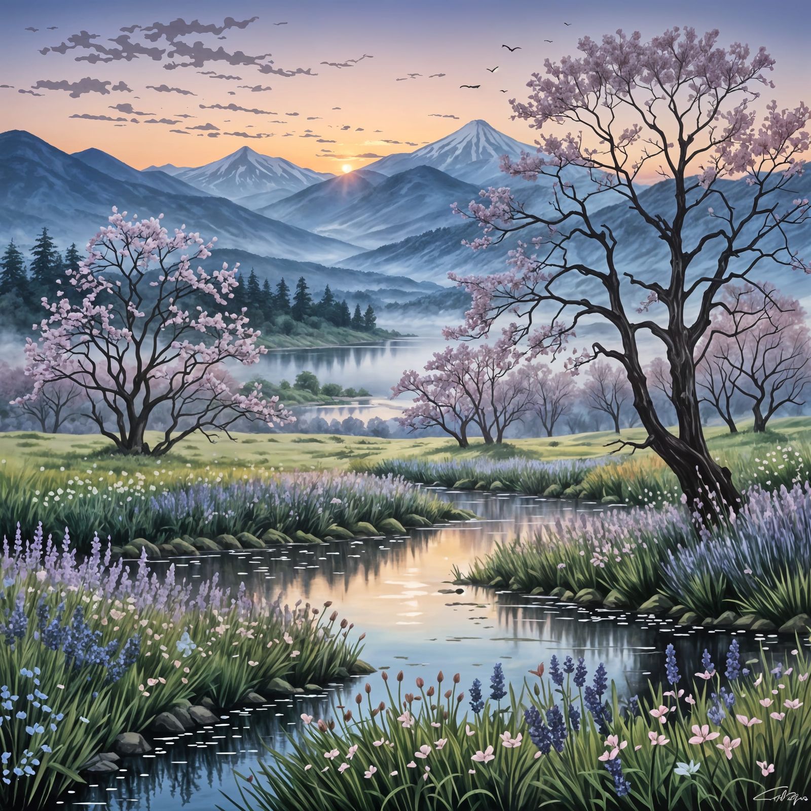 Twilight Meadow with Pastel Flowers and Fireflies