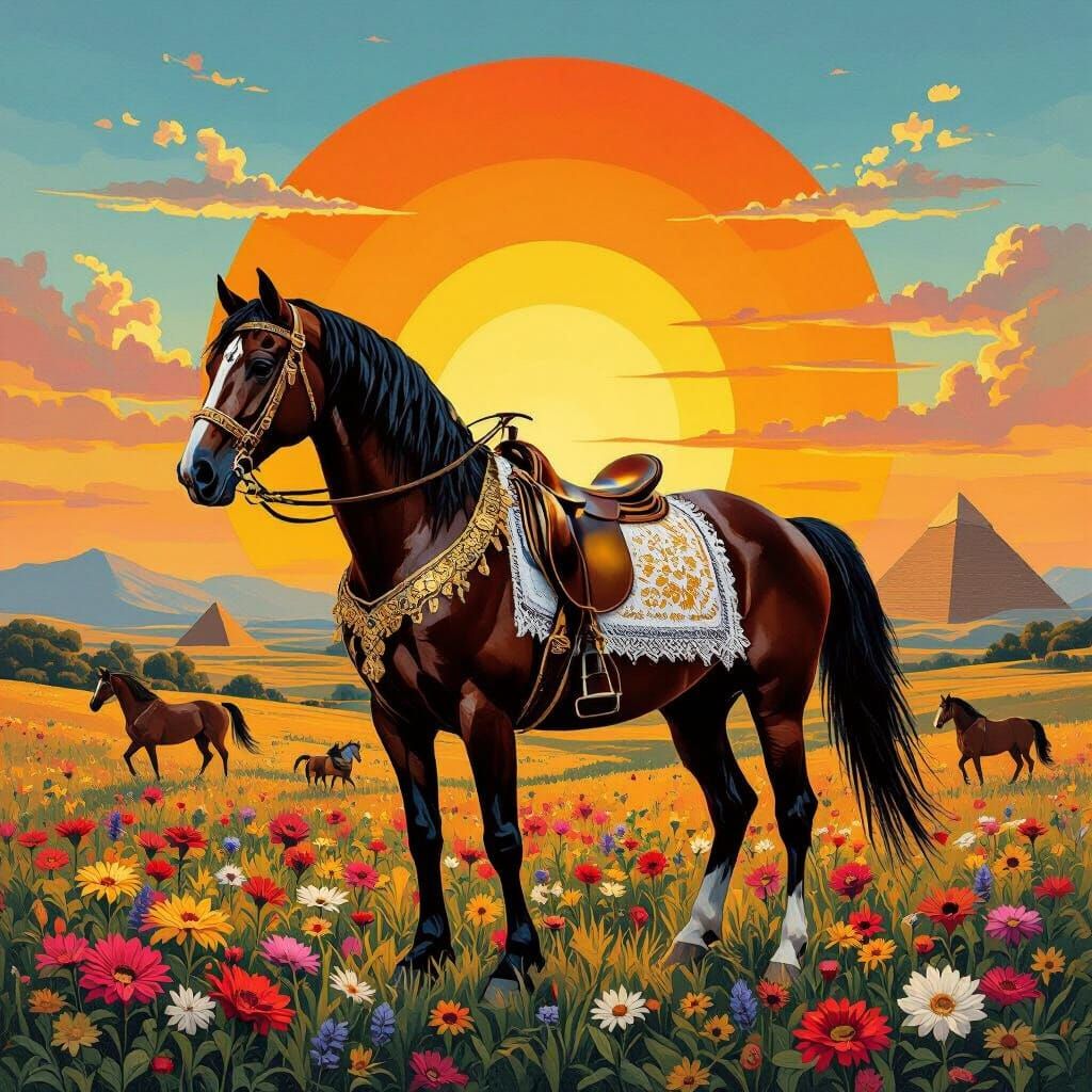 Majestic Horse in Sunset Field with Pyramids