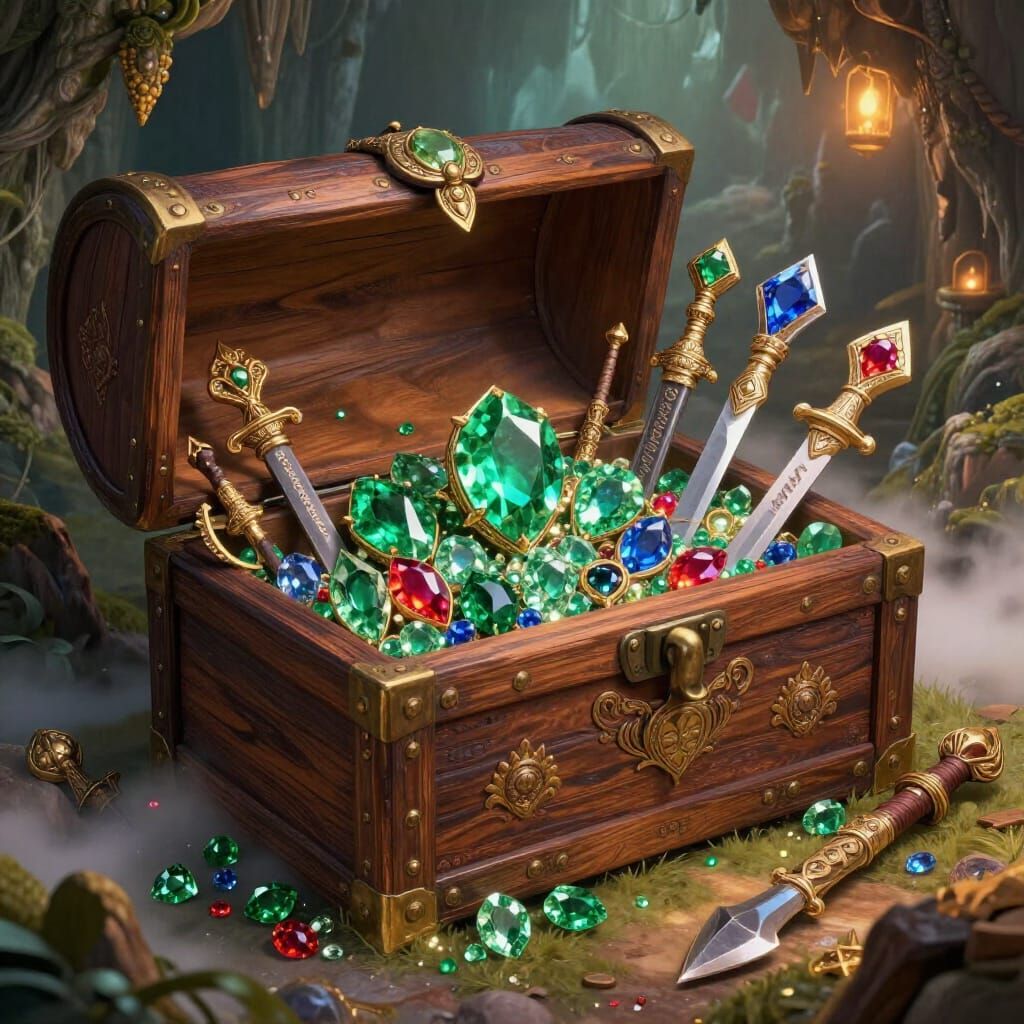 Treasure Chest Overflowing with Gems and Weapons in Ethereal...