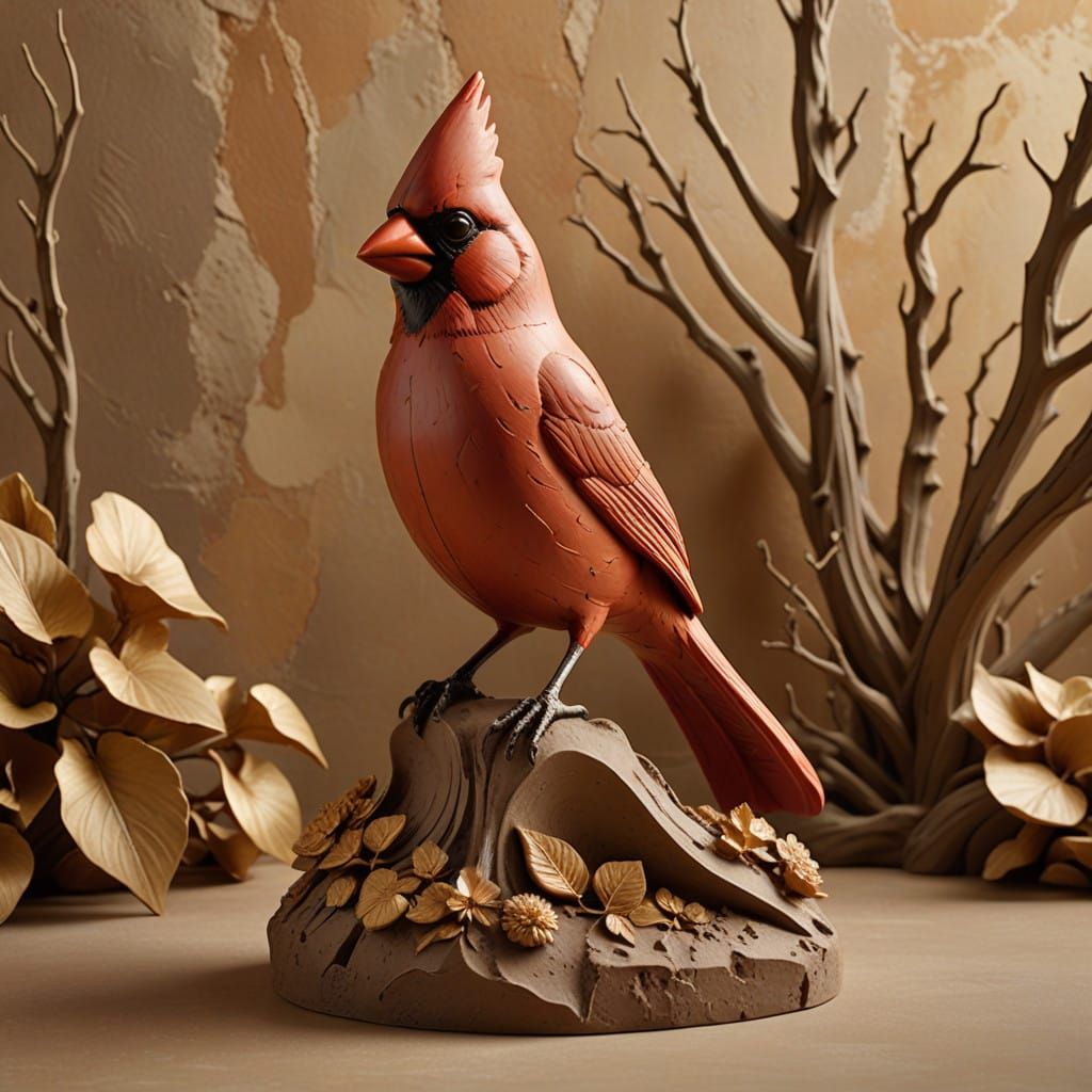 Earth-Toned Clay Cardinal Statue in Natural Light