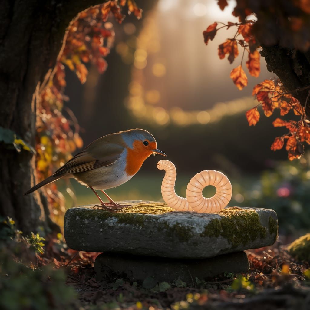 Robin and Worm in Overgrown Garden at Golden Hour