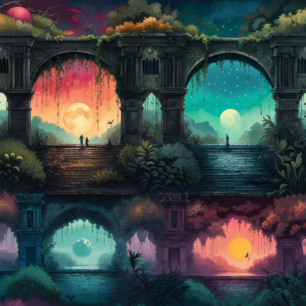 Fog-Laden Chain Bridge with Planets, Digital Art