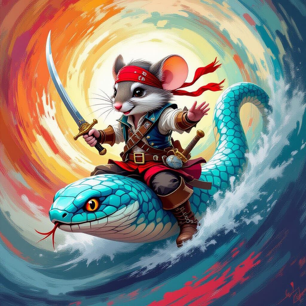 Mouse Pirate Rides Serpent in Colorful Vortex