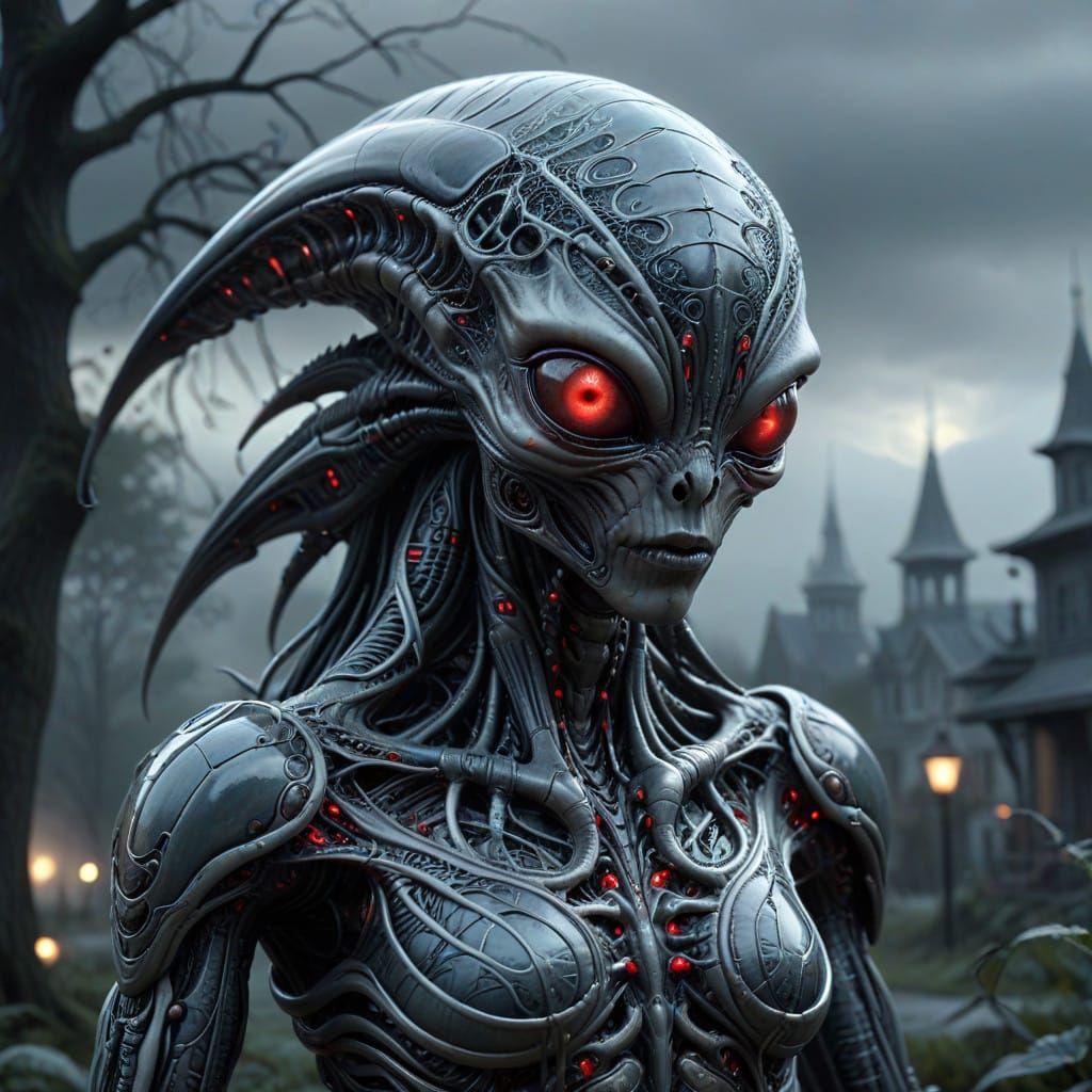 A hyperrealistic cinematic style image of a Varginha-style extraterrestrial creature with bluish-gray skin, large glowin...