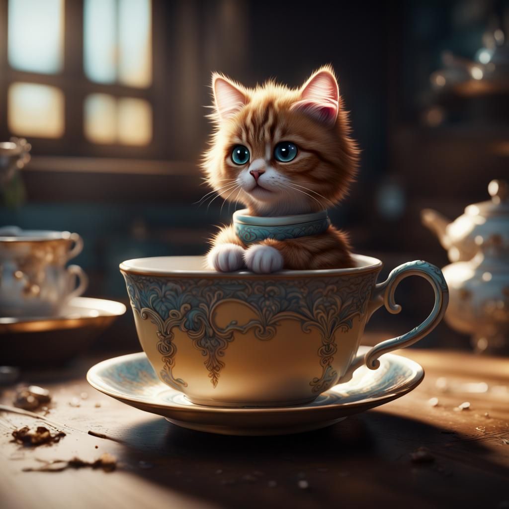 Cute Black Kitten in Teacup: Fantasy Concept Art