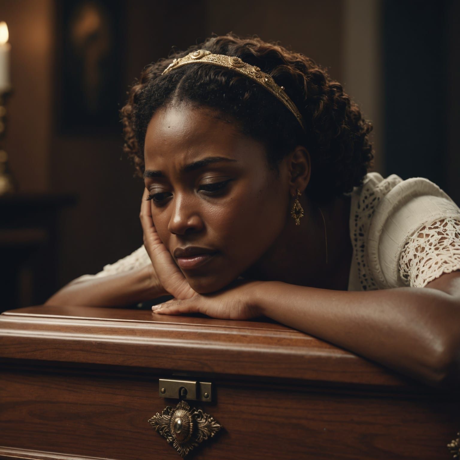 Sorrowful Woman Mourns Loss with Hyperreal Detail