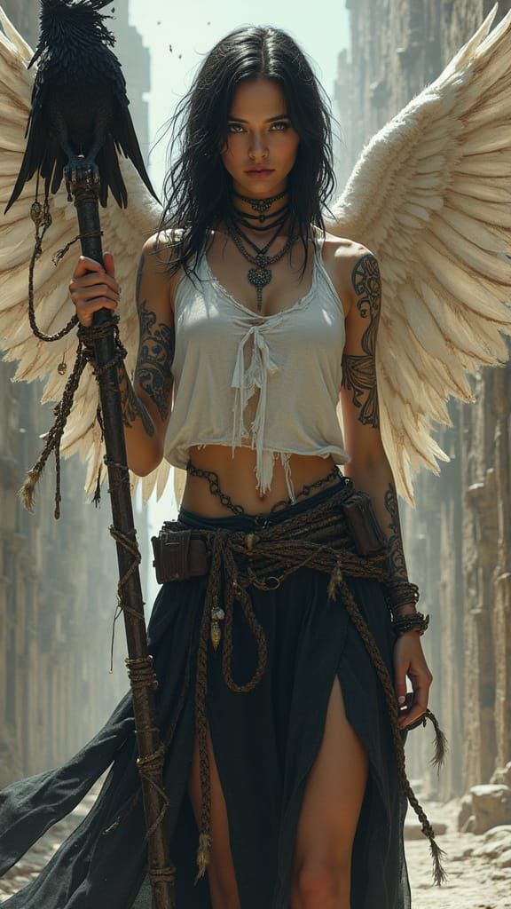 Celestial Warrior with Glowing Tattoos in Tribal-Futurist St...