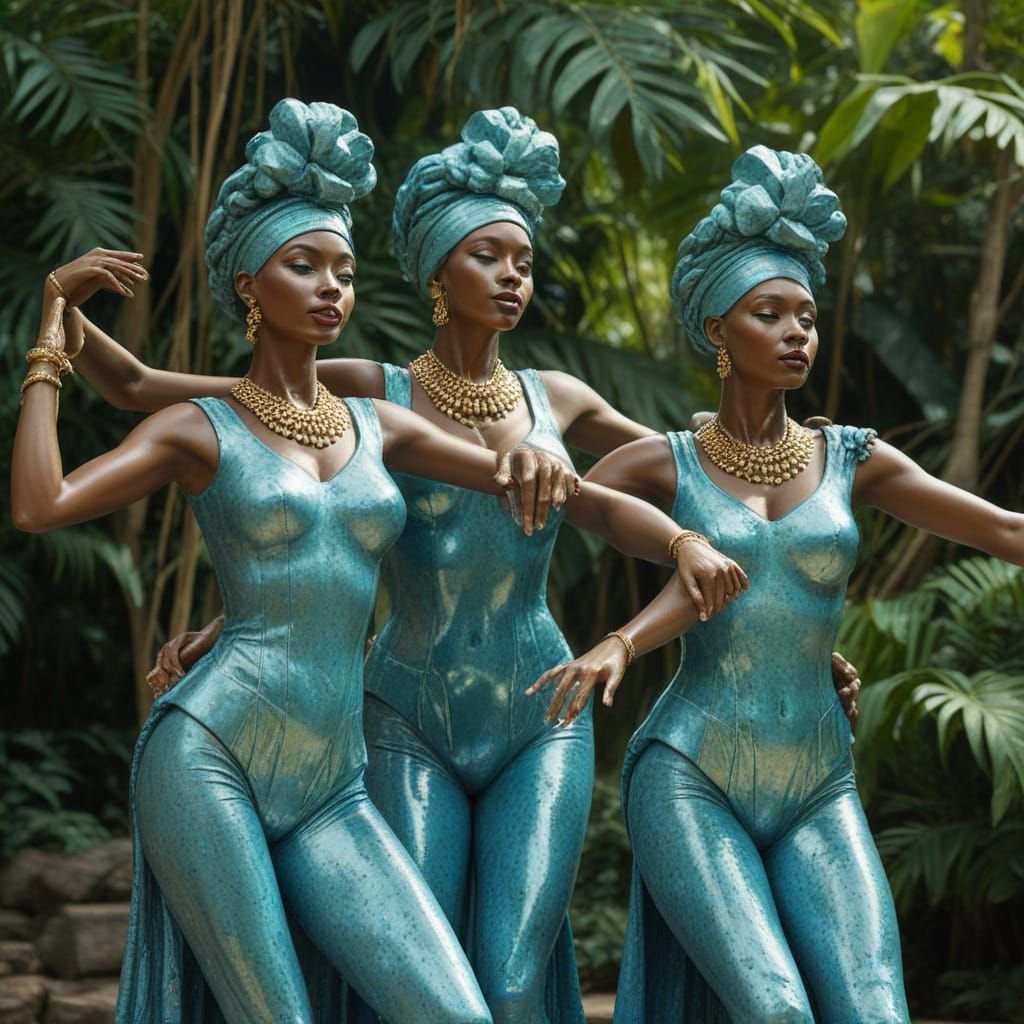 Statues of Dominican Republic dancers all made of blue-green...