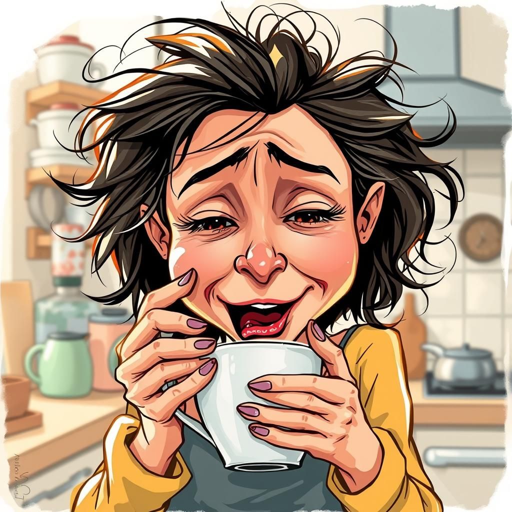 Tired Woman's Coffee: A Whimsical Morning Caricature