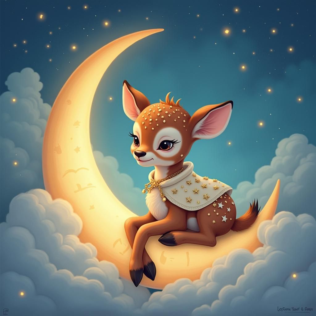 Baby Fawn on Crescent Moon in Ethereal Pastel Sky