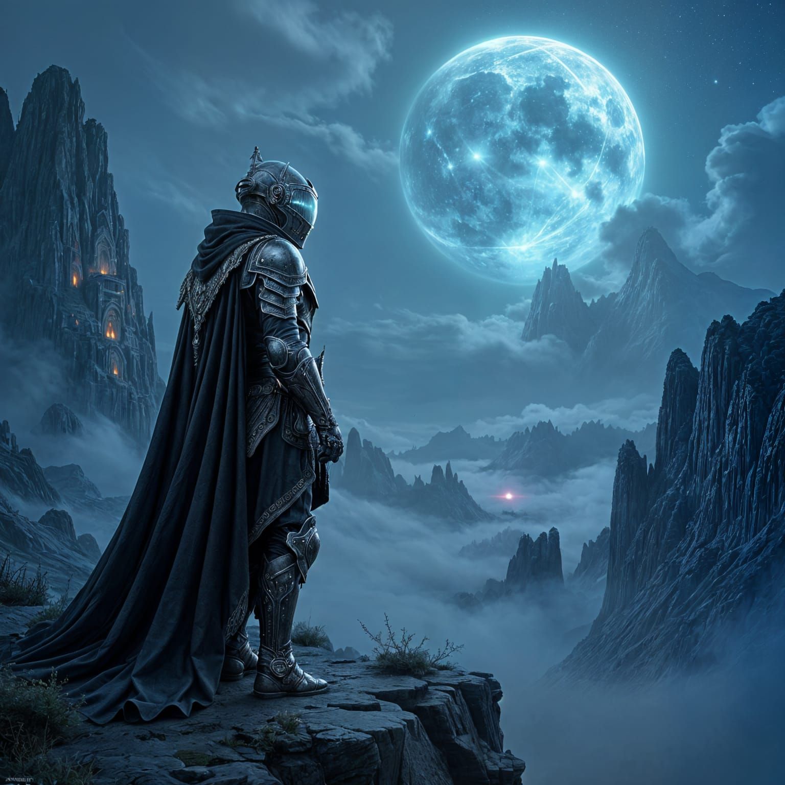 Knight Overlooking Alien Planet in Dark Fantasy Style
