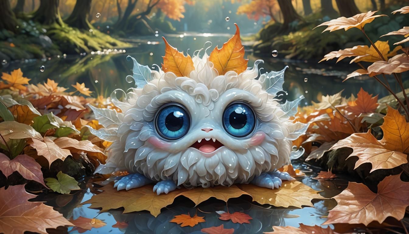 Adorable Fluffy Creature on Autumn Leaf with Flowers