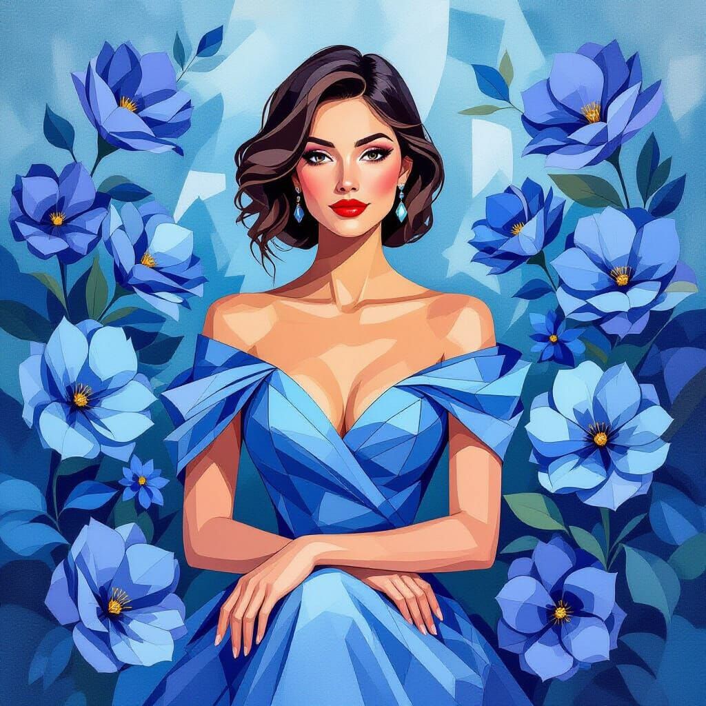 Pencil Woman Portrait with Blue Flowers, Watercolour Style