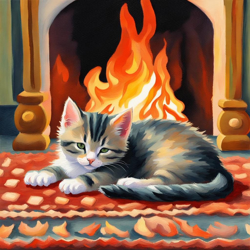 Kitten Asleep by Fire in Gouache Style