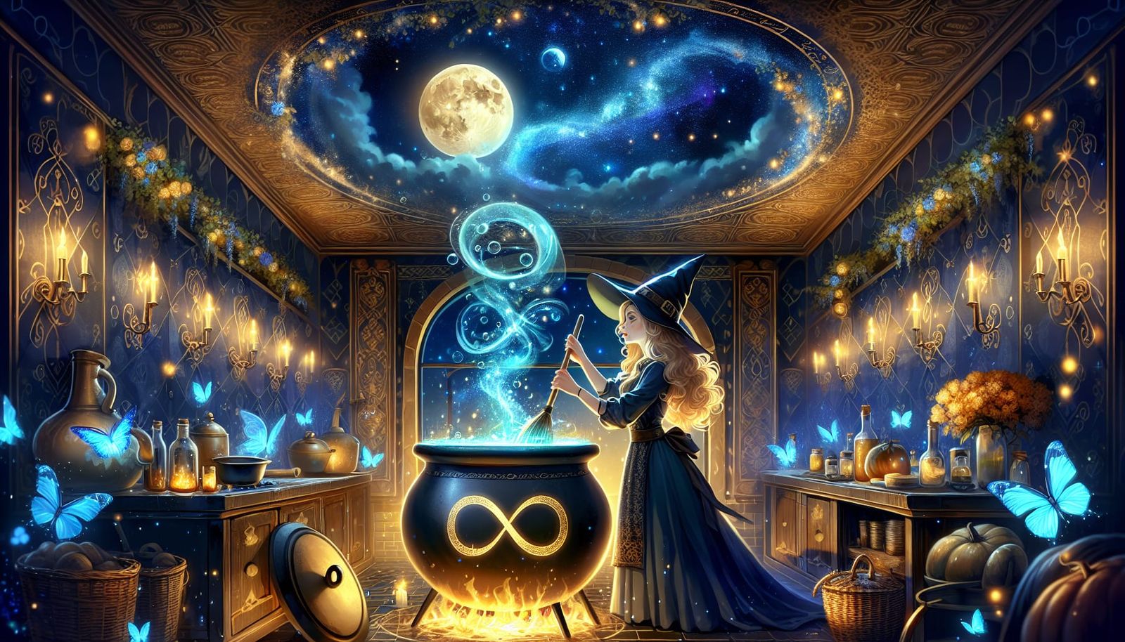 Witch's Kitchen with Infinity Cauldron Under Moonlight