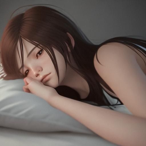 Exhausted Woman on Bed in Anime 3D Art Style