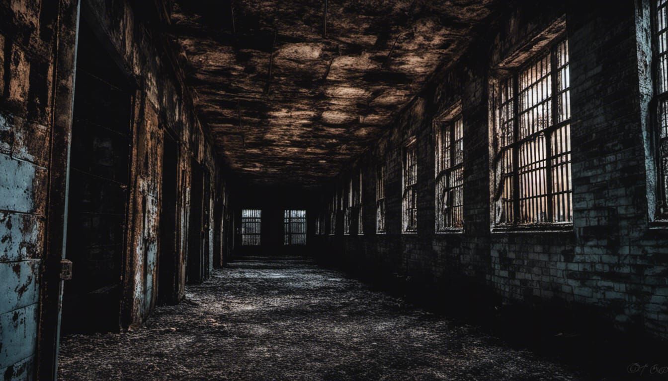 Sinister Night View of Decaying Prison Cell Block